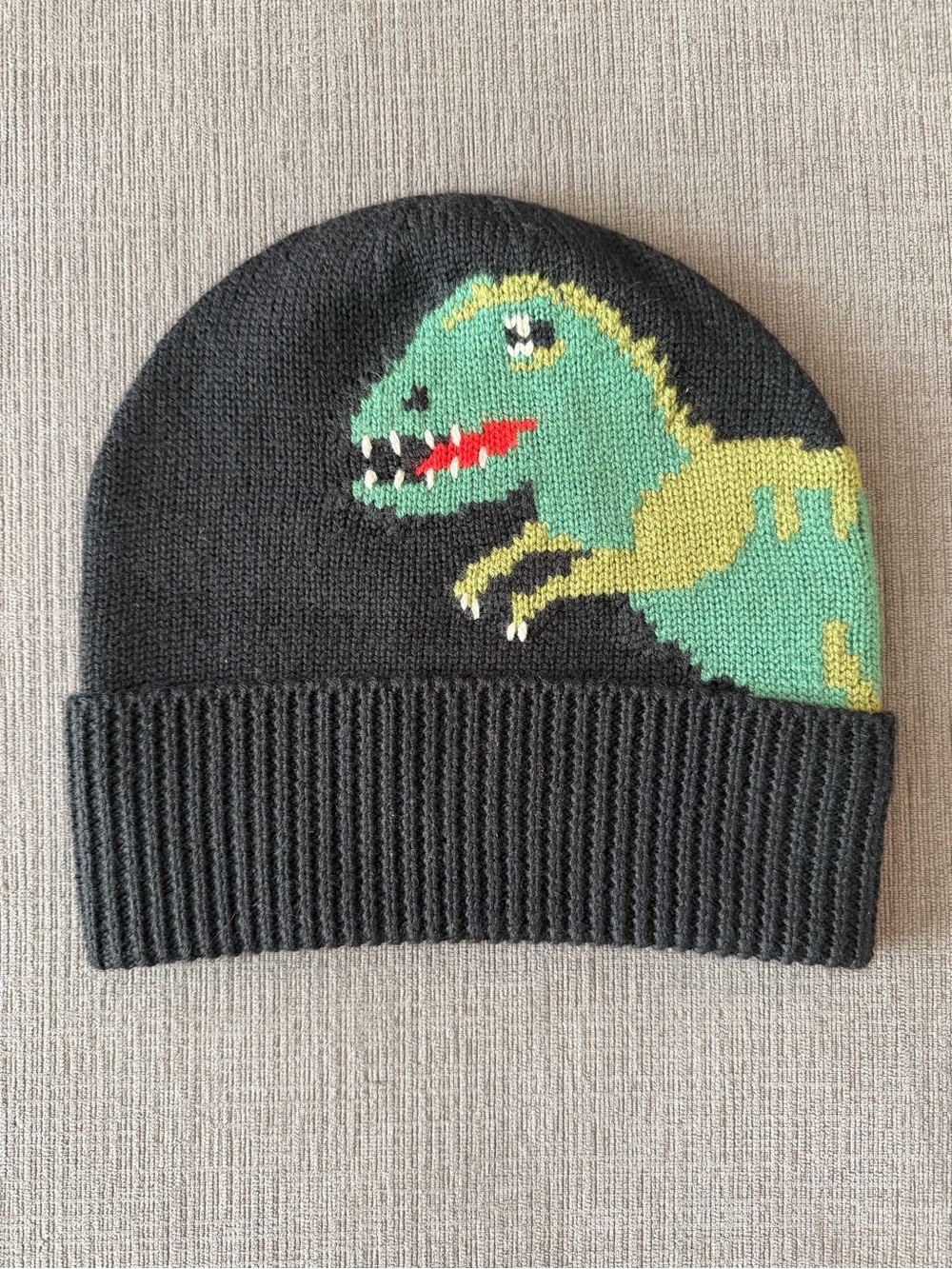 Coach Black Knit Beanie with Green & Yellow Dino Motif and Red Accent